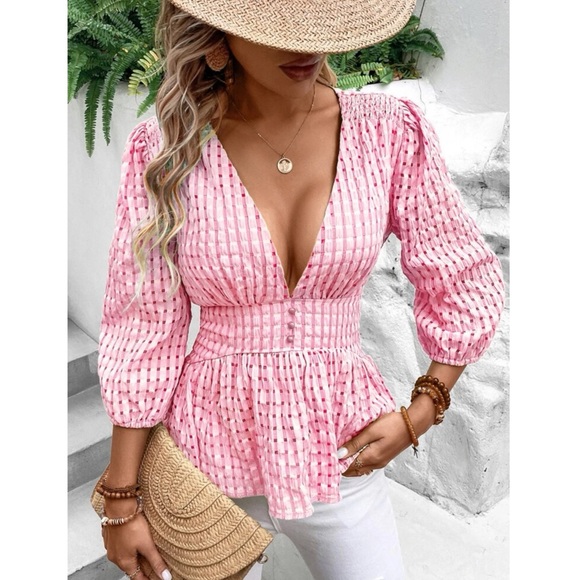 Pink Peplum Plunging Blouse - Picture 5 of 6